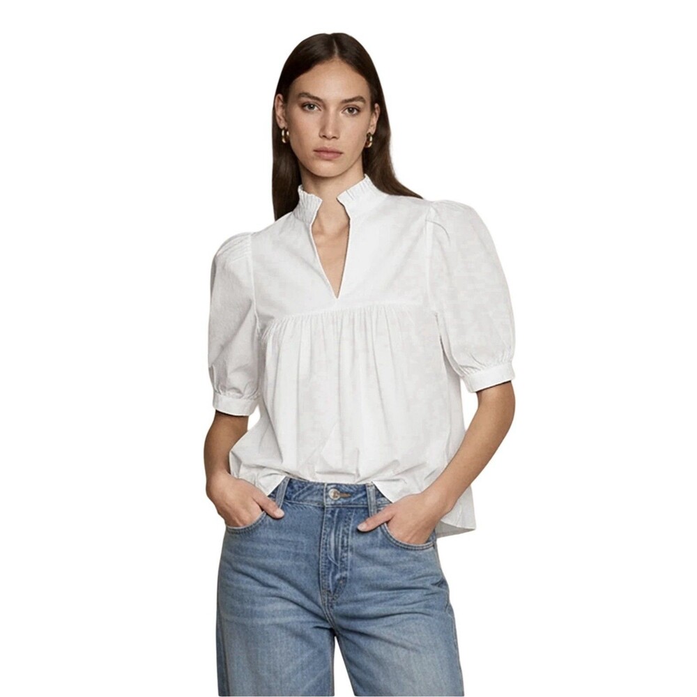 Cicy Bell White Puff Short Sleeve V Neck Lightweight Cotton Blouse Medium NWT